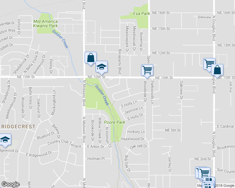 map of restaurants, bars, coffee shops, grocery stores, and more near 932 North Locust Lane in Midwest City