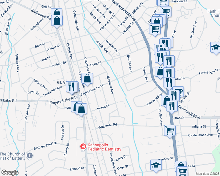 map of restaurants, bars, coffee shops, grocery stores, and more near 1406 Meadow Avenue in Kannapolis