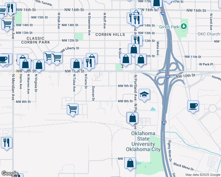map of restaurants, bars, coffee shops, grocery stores, and more near 3832 Northwest 9th Street in Oklahoma City