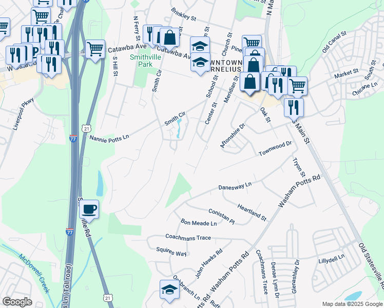 map of restaurants, bars, coffee shops, grocery stores, and more near 19317 Meridian Street in Cornelius
