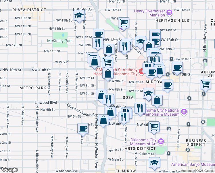 map of restaurants, bars, coffee shops, grocery stores, and more near 925 Northwest 8th Street in Oklahoma City