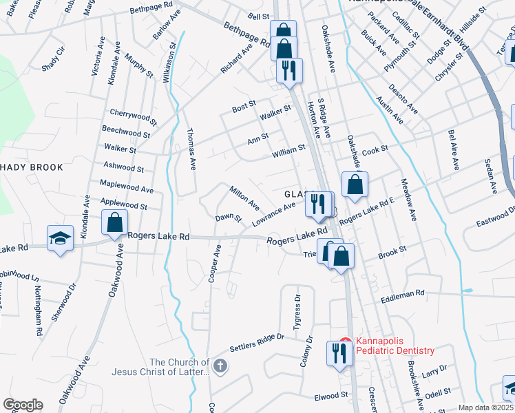 map of restaurants, bars, coffee shops, grocery stores, and more near Milton Avenue in Kannapolis
