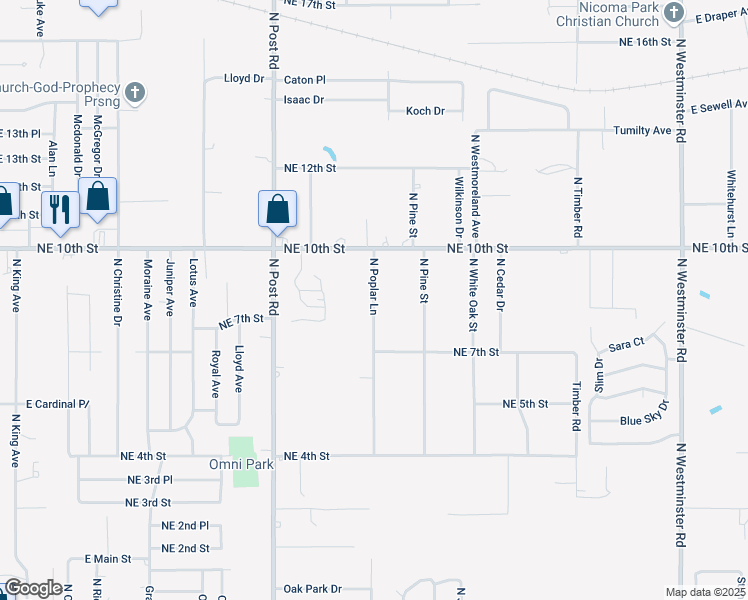 map of restaurants, bars, coffee shops, grocery stores, and more near 910 North Poplar Lane in Midwest City