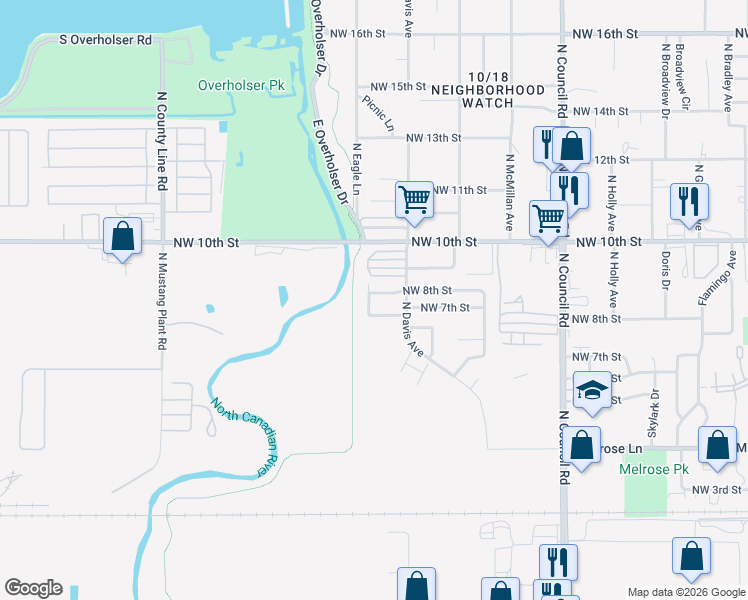 map of restaurants, bars, coffee shops, grocery stores, and more near 8309 Northwest 7th Street in Oklahoma City