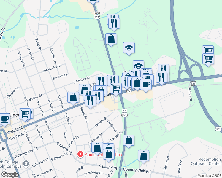 map of restaurants, bars, coffee shops, grocery stores, and more near 1211 East Main Street in Lincolnton