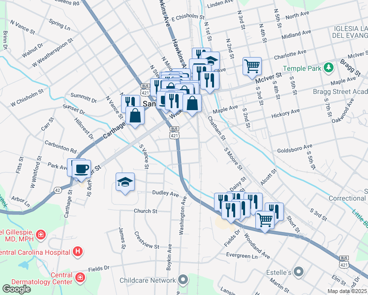 map of restaurants, bars, coffee shops, grocery stores, and more near 710 Wall Street in Sanford