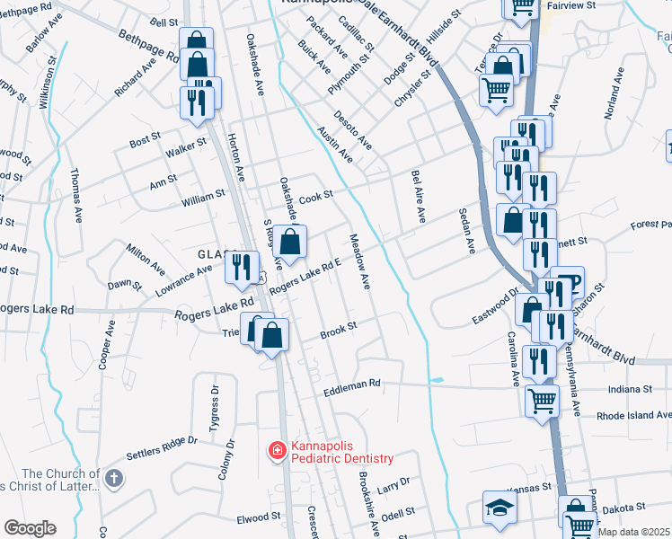 map of restaurants, bars, coffee shops, grocery stores, and more near 1383 Browdis Avenue in Kannapolis