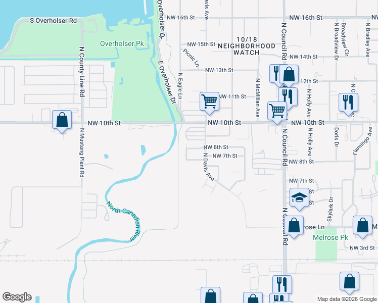 map of restaurants, bars, coffee shops, grocery stores, and more near 8309 Northwest 7th Street in Oklahoma City