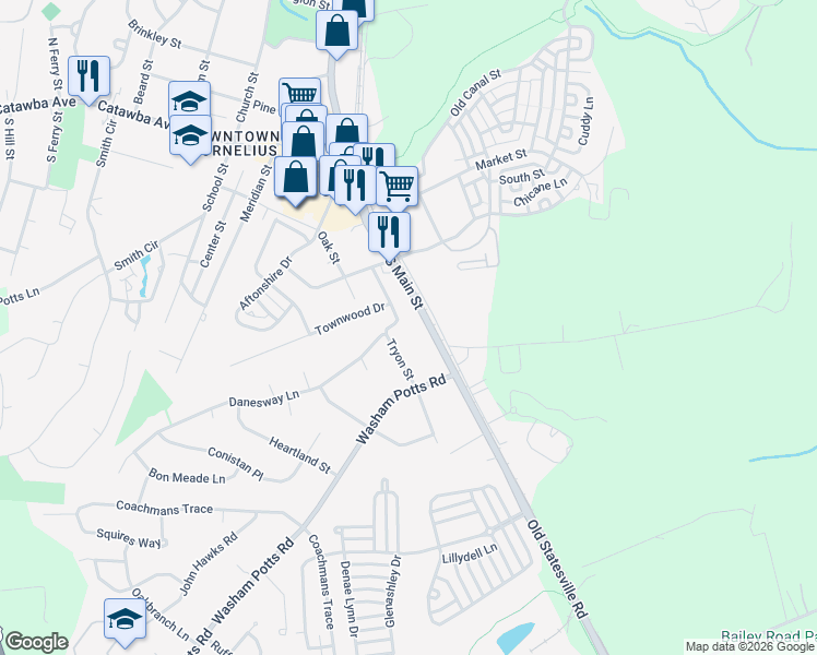 map of restaurants, bars, coffee shops, grocery stores, and more near 19624 Tryon Street in Cornelius