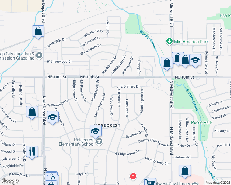 map of restaurants, bars, coffee shops, grocery stores, and more near 3606 Woodvale Drive in Midwest City