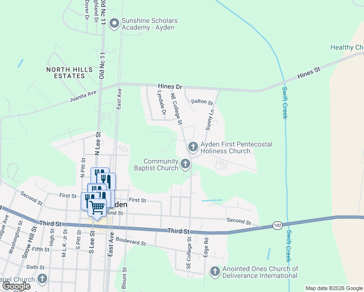map of restaurants, bars, coffee shops, grocery stores, and more near 4028 Northeast College Street in Ayden
