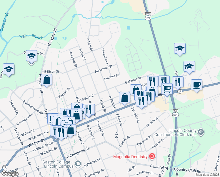 map of restaurants, bars, coffee shops, grocery stores, and more near 700 East McBee Street in Lincolnton