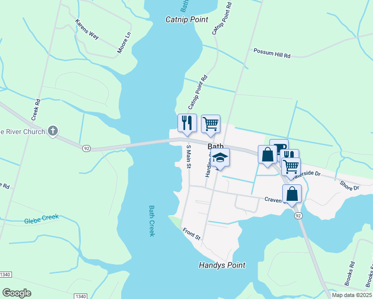 map of restaurants, bars, coffee shops, grocery stores, and more near 107 South Main Street in Bath