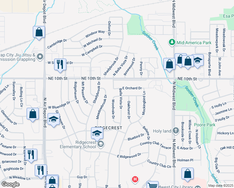 map of restaurants, bars, coffee shops, grocery stores, and more near 3606 Woodvale Drive in Midwest City