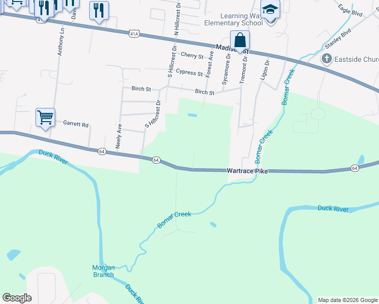map of restaurants, bars, coffee shops, grocery stores, and more near 1725 Wartrace Pike in Shelbyville