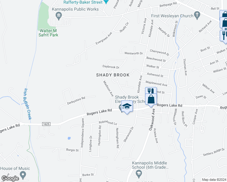 map of restaurants, bars, coffee shops, grocery stores, and more near 1255 Madison Avenue in Kannapolis