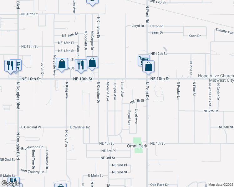 map of restaurants, bars, coffee shops, grocery stores, and more near 904 Juniper Avenue in Midwest City