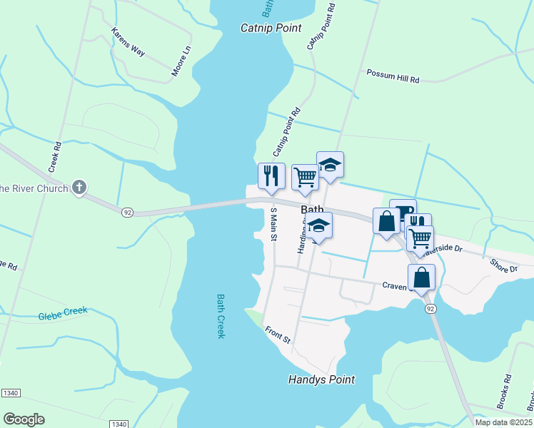 map of restaurants, bars, coffee shops, grocery stores, and more near 107 South Main Street in Bath