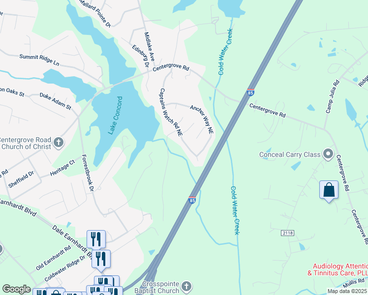map of restaurants, bars, coffee shops, grocery stores, and more near 2660 Captains Watch Road Northeast in Kannapolis