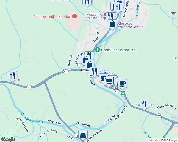 map of restaurants, bars, coffee shops, grocery stores, and more near 282 Seven Clans Lane in Cherokee
