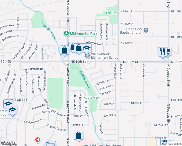 map of restaurants, bars, coffee shops, grocery stores, and more near 929 North Locust Lane in Midwest City