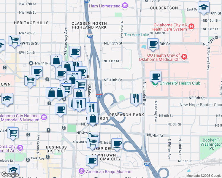 map of restaurants, bars, coffee shops, grocery stores, and more near 300 Northeast 9th Street in Oklahoma City