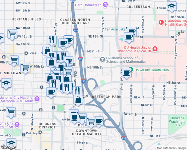 map of restaurants, bars, coffee shops, grocery stores, and more near 300 Northeast 9th Street in Oklahoma City