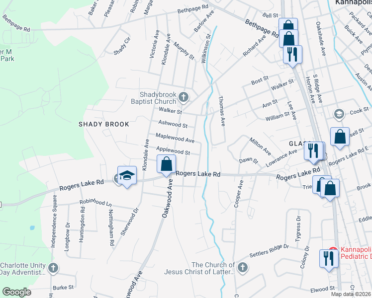 map of restaurants, bars, coffee shops, grocery stores, and more near 1213 Oakwood Avenue in Kannapolis