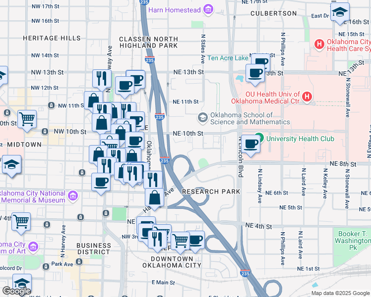 map of restaurants, bars, coffee shops, grocery stores, and more near 300 Northeast 9th Street in Oklahoma City