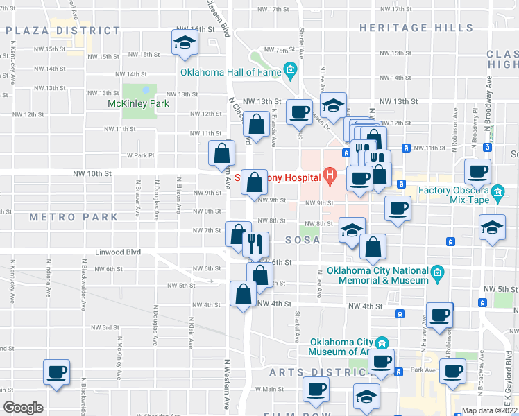 map of restaurants, bars, coffee shops, grocery stores, and more near 925 Northwest 8th Street in Oklahoma City