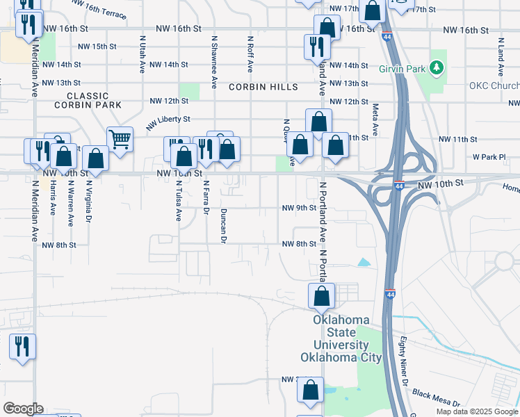map of restaurants, bars, coffee shops, grocery stores, and more near 3832 Northwest 9th Street in Oklahoma City