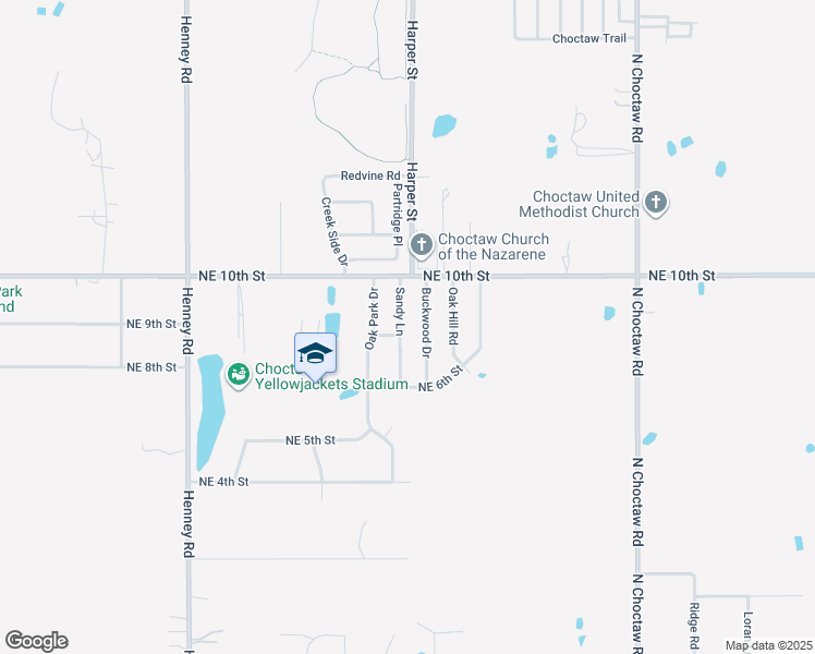 map of restaurants, bars, coffee shops, grocery stores, and more near 904 Sandy Lane in Choctaw