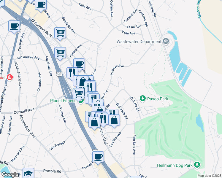 map of restaurants, bars, coffee shops, grocery stores, and more near 8894 Palomar Avenue in Atascadero