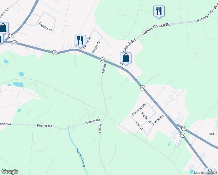 map of restaurants, bars, coffee shops, grocery stores, and more near 257 Hill Road in Lincolnton