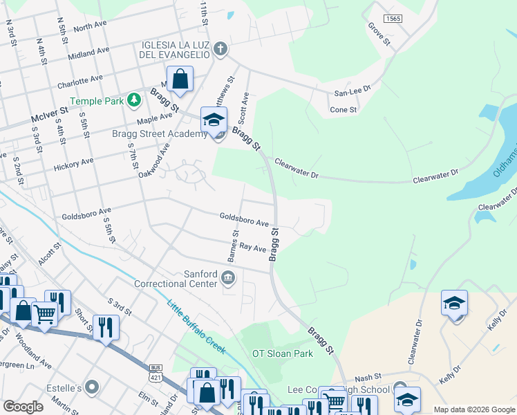 map of restaurants, bars, coffee shops, grocery stores, and more near 1411 Goldsboro Avenue in Sanford