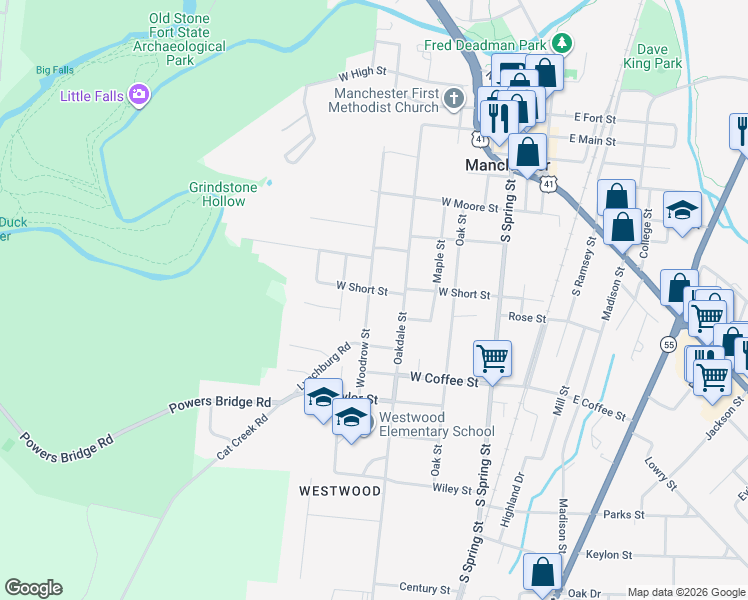 map of restaurants, bars, coffee shops, grocery stores, and more near 609 Woodrow Street in Manchester