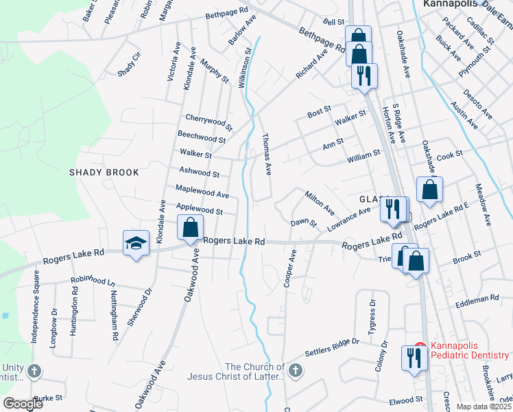 map of restaurants, bars, coffee shops, grocery stores, and more near 1124 Rosewood Avenue in Kannapolis