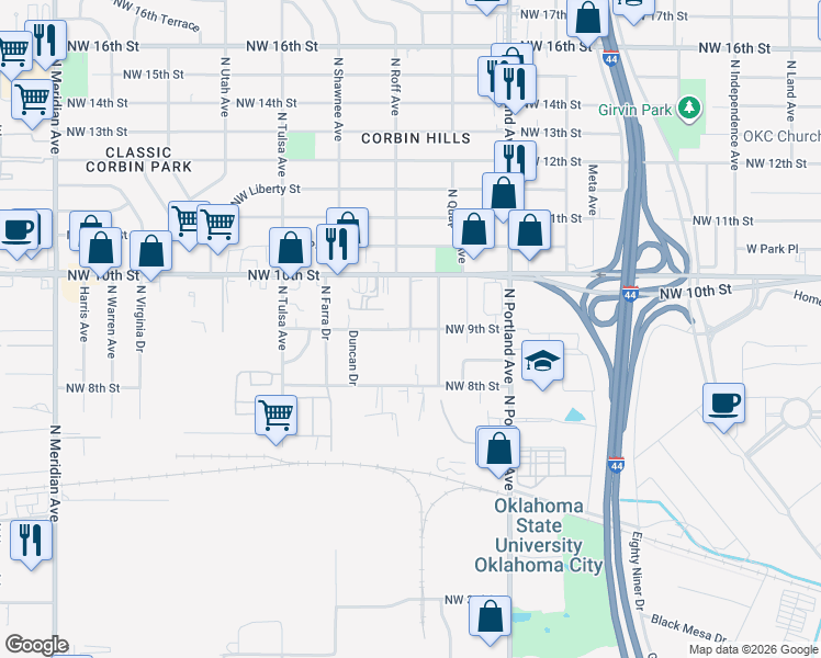 map of restaurants, bars, coffee shops, grocery stores, and more near 3832 Northwest 9th Street in Oklahoma City