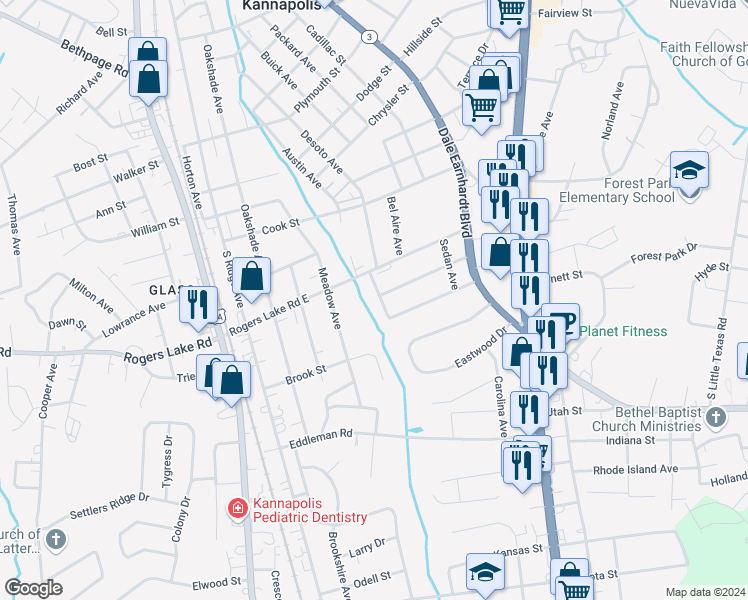 map of restaurants, bars, coffee shops, grocery stores, and more near 1408 Branch Avenue in Kannapolis