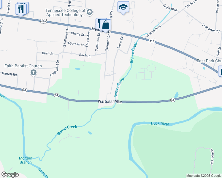 map of restaurants, bars, coffee shops, grocery stores, and more near 301 Ligon Drive in Shelbyville
