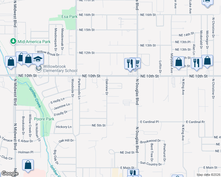 map of restaurants, bars, coffee shops, grocery stores, and more near 8817 Windy Hollow Drive in Midwest City