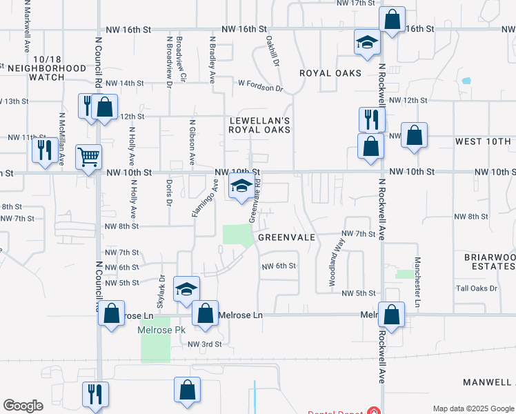 map of restaurants, bars, coffee shops, grocery stores, and more near 918 Greenvale Road in Oklahoma City