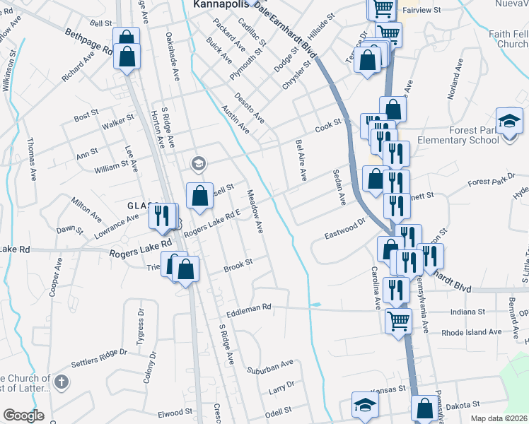 map of restaurants, bars, coffee shops, grocery stores, and more near 1413 Meadow Avenue in Kannapolis