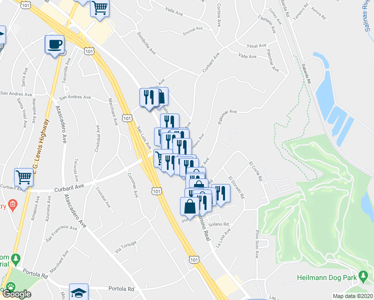 map of restaurants, bars, coffee shops, grocery stores, and more near 8725 Junipero Avenue in Atascadero