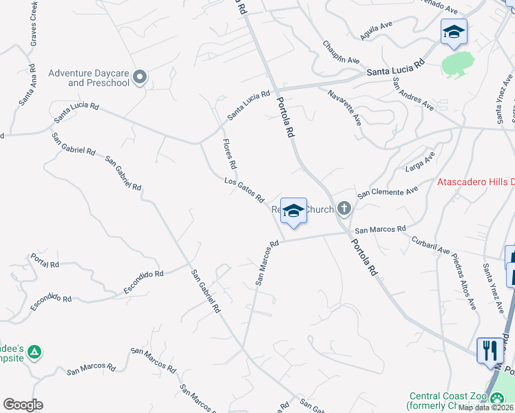 map of restaurants, bars, coffee shops, grocery stores, and more near 6740 Los Gatos Road in Atascadero