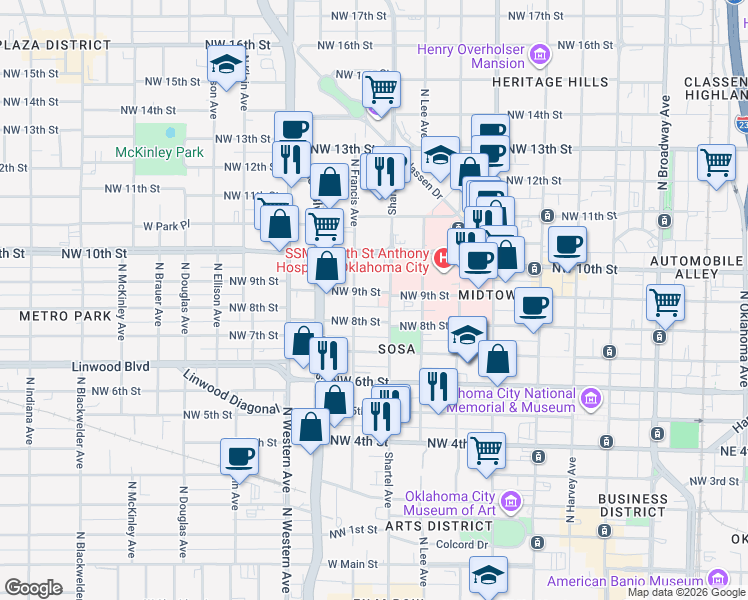 map of restaurants, bars, coffee shops, grocery stores, and more near 829 Northwest 8th Street in Oklahoma City