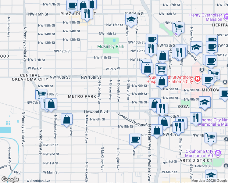 map of restaurants, bars, coffee shops, grocery stores, and more near 815 North Douglas Avenue in Oklahoma City