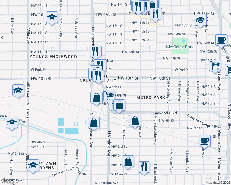 map of restaurants, bars, coffee shops, grocery stores, and more near 802 North Virginia Avenue in Oklahoma City