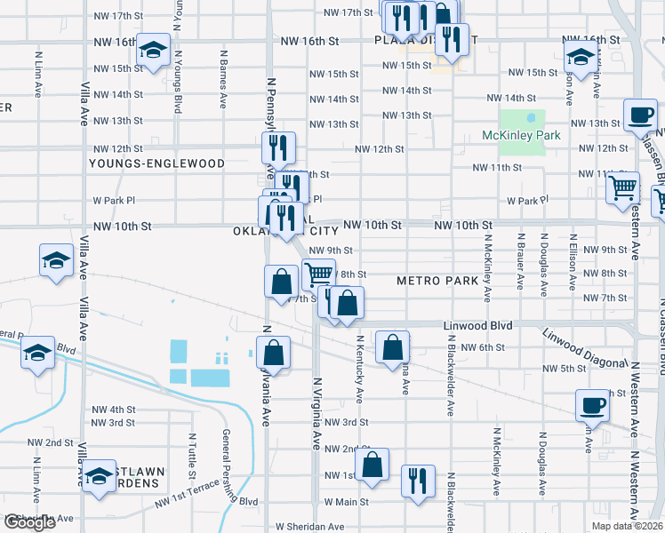 map of restaurants, bars, coffee shops, grocery stores, and more near 802 North Virginia Avenue in Oklahoma City