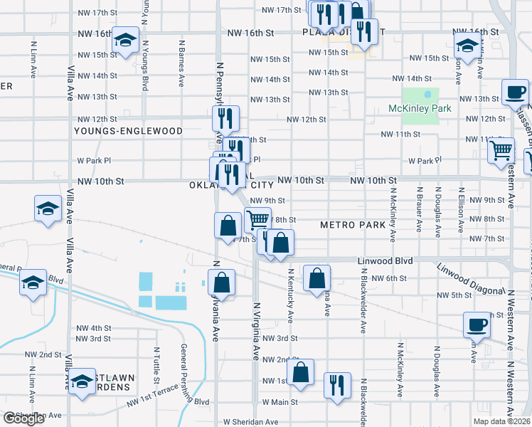 map of restaurants, bars, coffee shops, grocery stores, and more near 802 North Virginia Avenue in Oklahoma City